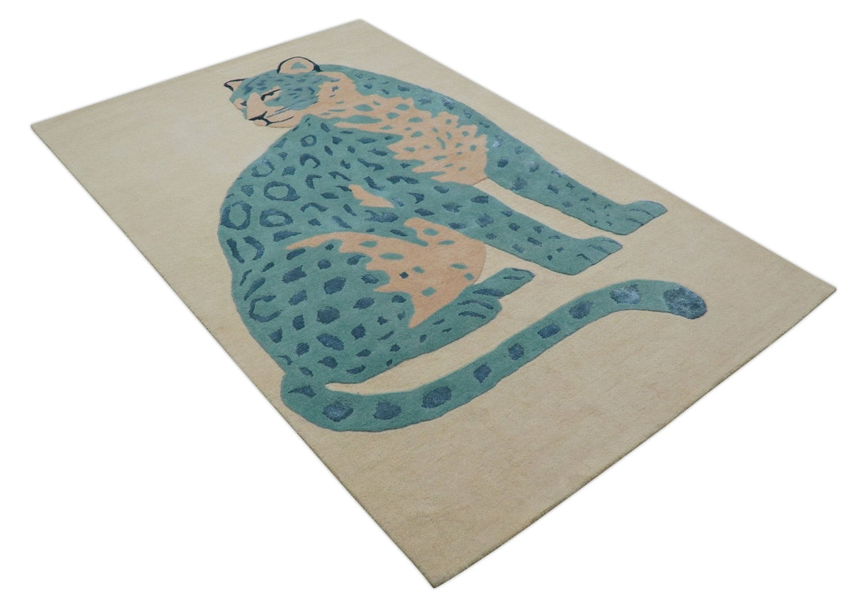 Custom Made Modern Animal Pattern Teal And Beige Hand Tufted Wool Area Rug