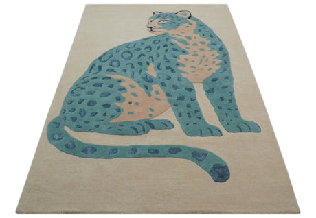 Custom Made Modern Animal Pattern Teal And Beige Hand Tufted Wool Area Rug