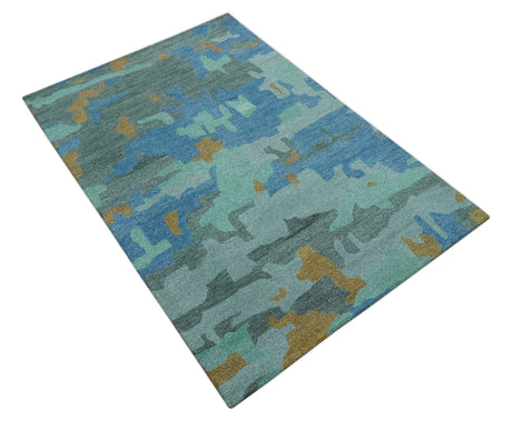 Custom Made Modern Blue Abstract Design Hand Tufted Wool And Viscose Area Rug