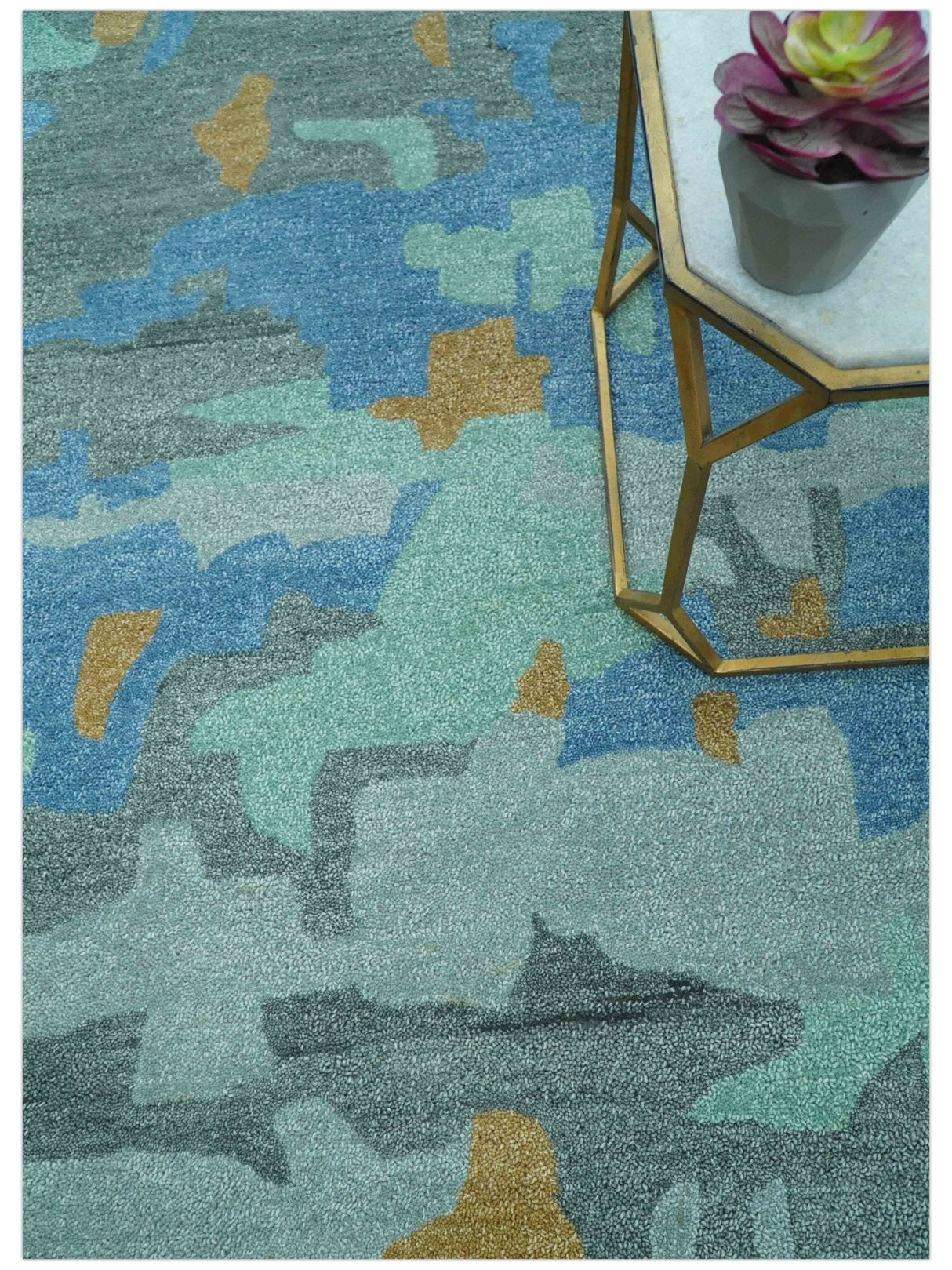 Custom Made Modern Blue Abstract Design Hand Tufted Wool And Viscose Area Rug