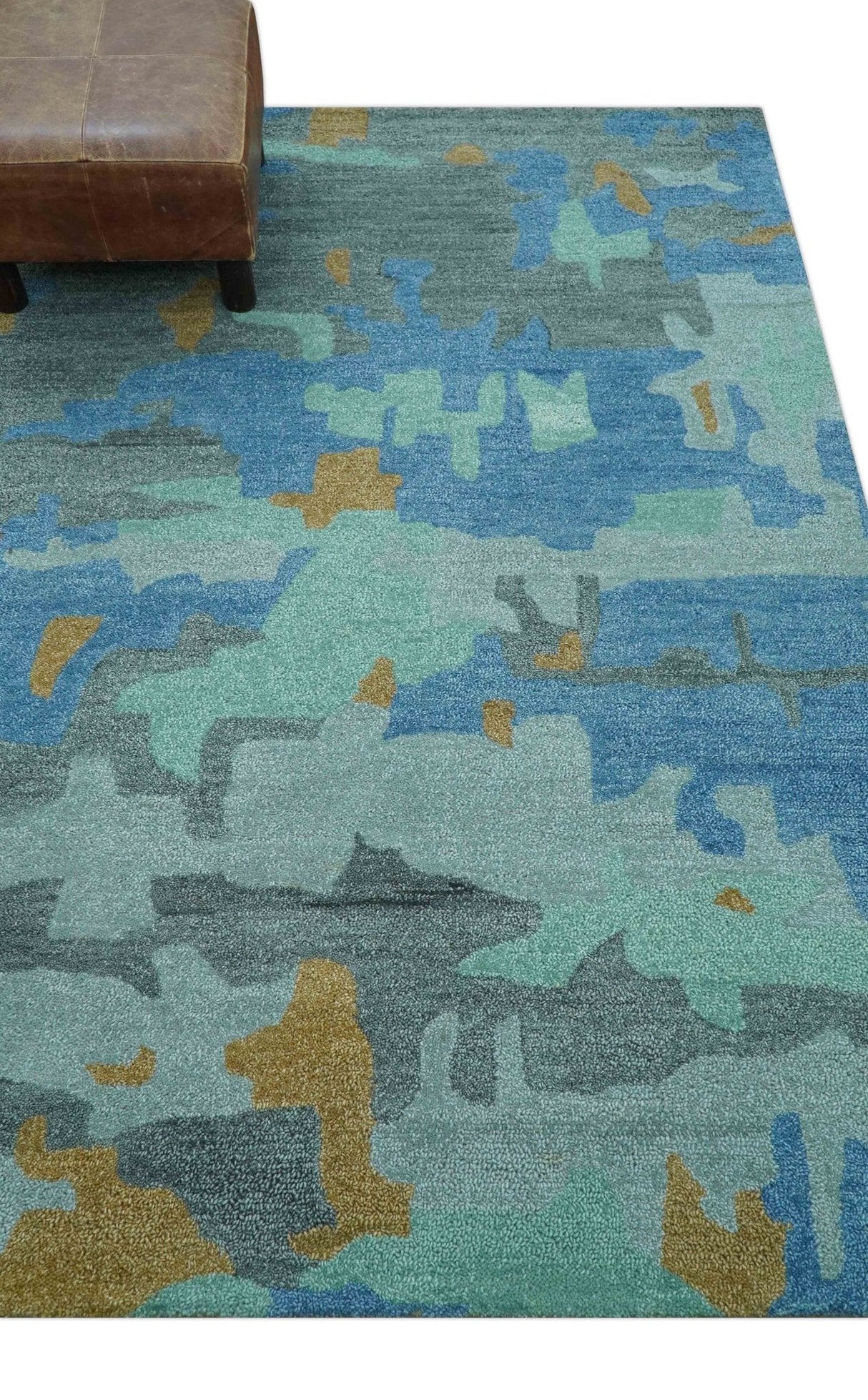 Custom Made Modern Blue Abstract Design Hand Tufted Wool And Viscose Area Rug