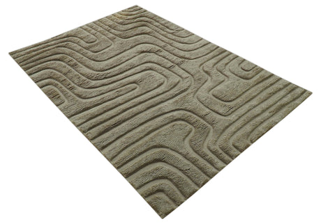 Custom Made Modern Contemporary Beige And Gray Hand Knotted Wool Rug