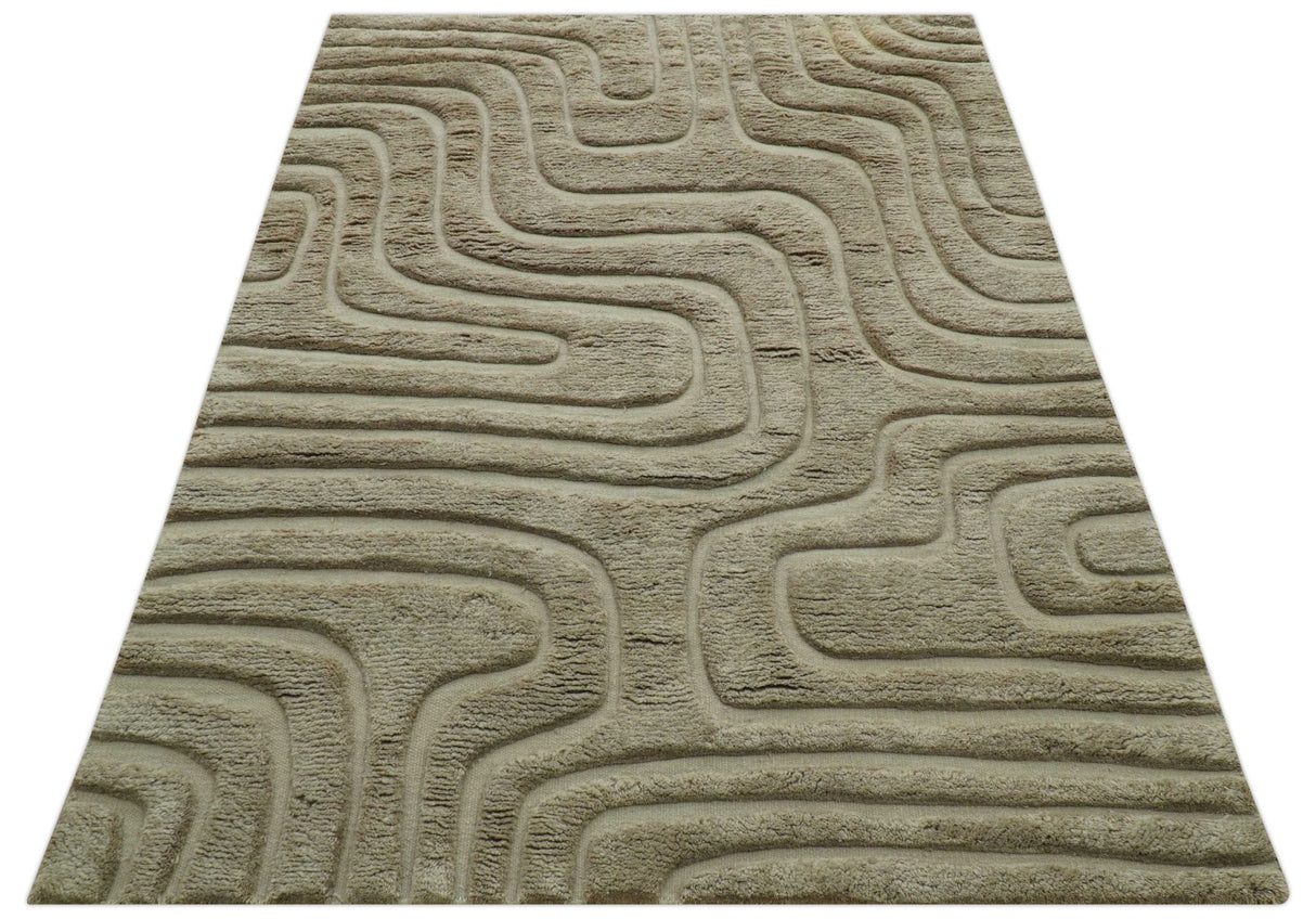 Custom Made Modern Contemporary Beige And Gray Hand Knotted Wool Rug