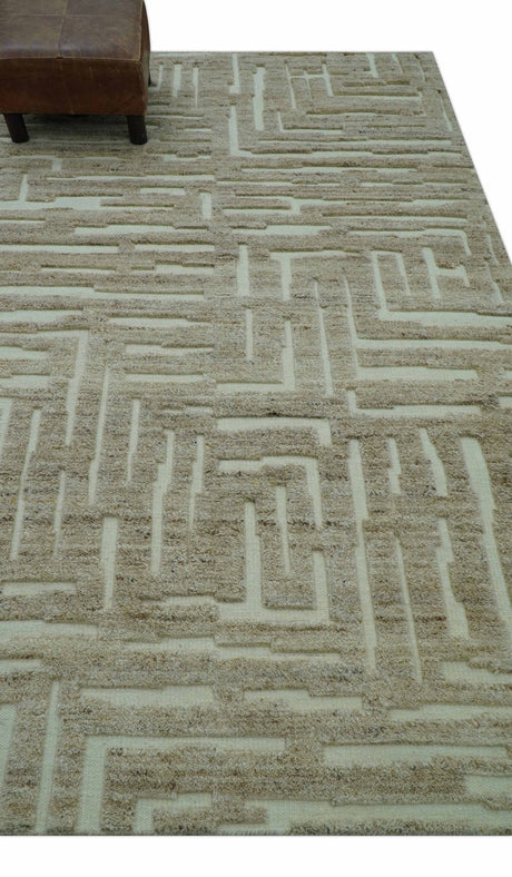 Custom Made Modern Contemporary Beige Hand Knotted Wool Area Rug