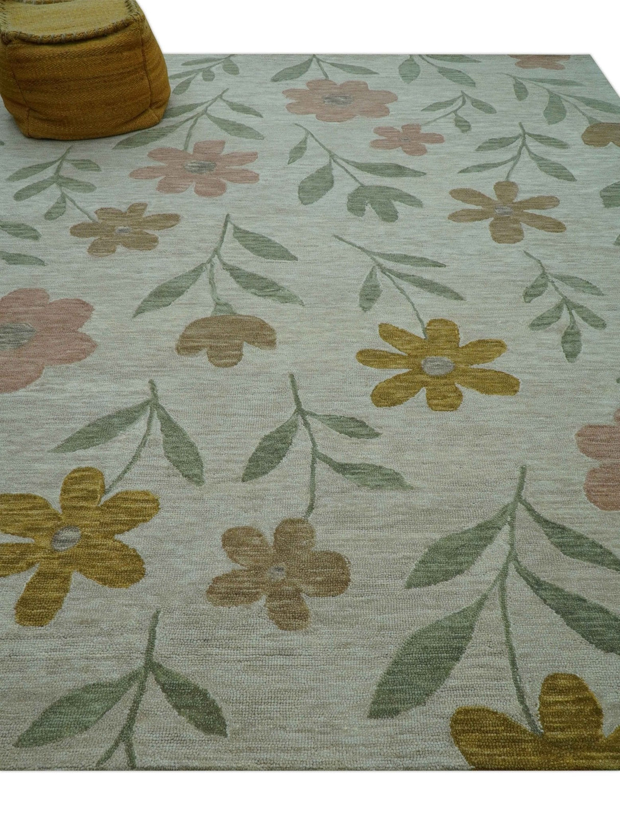 Custom Made Modern Floral Design Beige Hand Tufted Wool Area Rug