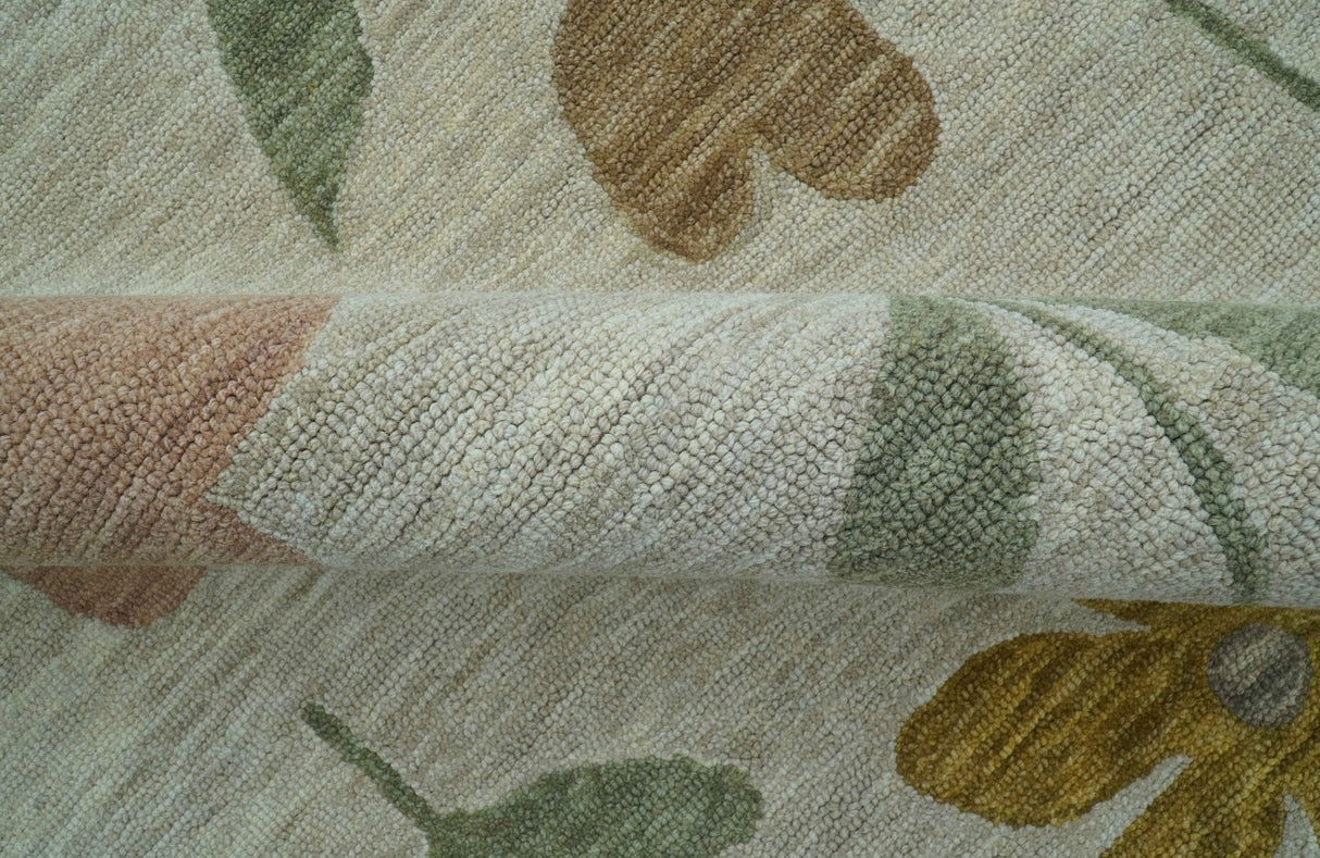 Custom Made Modern Floral Design Beige Hand Tufted Wool Area Rug