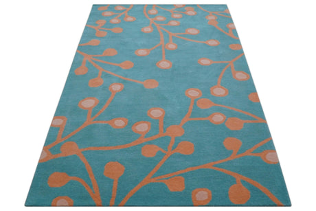 Custom Made Modern Floral Design Blue Hand Tufted Wool Area Rug