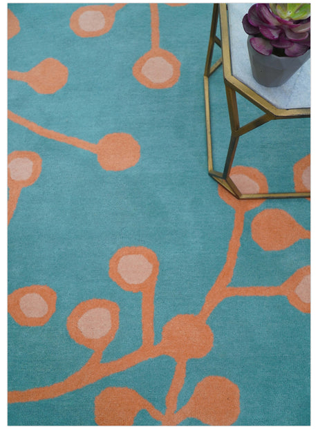 Custom Made Modern Floral Design Blue Hand Tufted Wool Area Rug