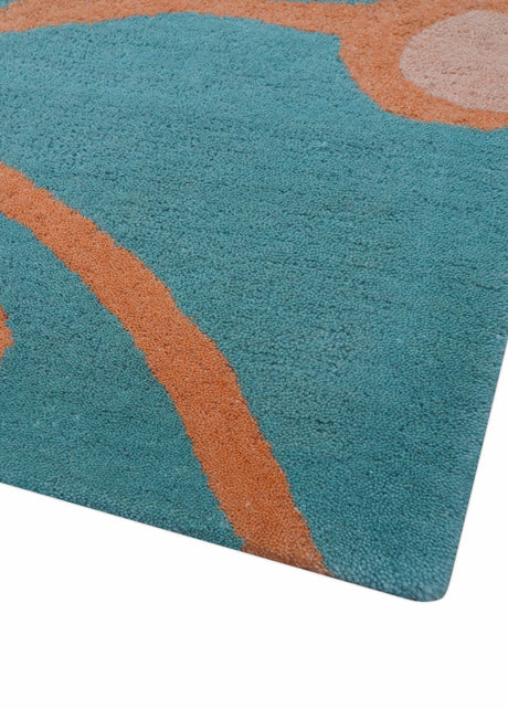 Custom Made Modern Floral Design Blue Hand Tufted Wool Area Rug