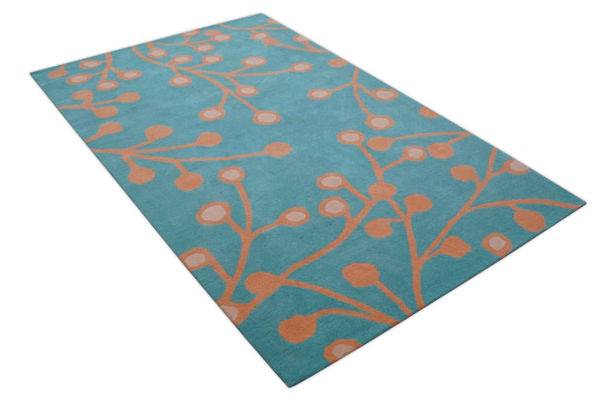 Custom Made Modern Floral Design Blue Hand Tufted Wool Area Rug