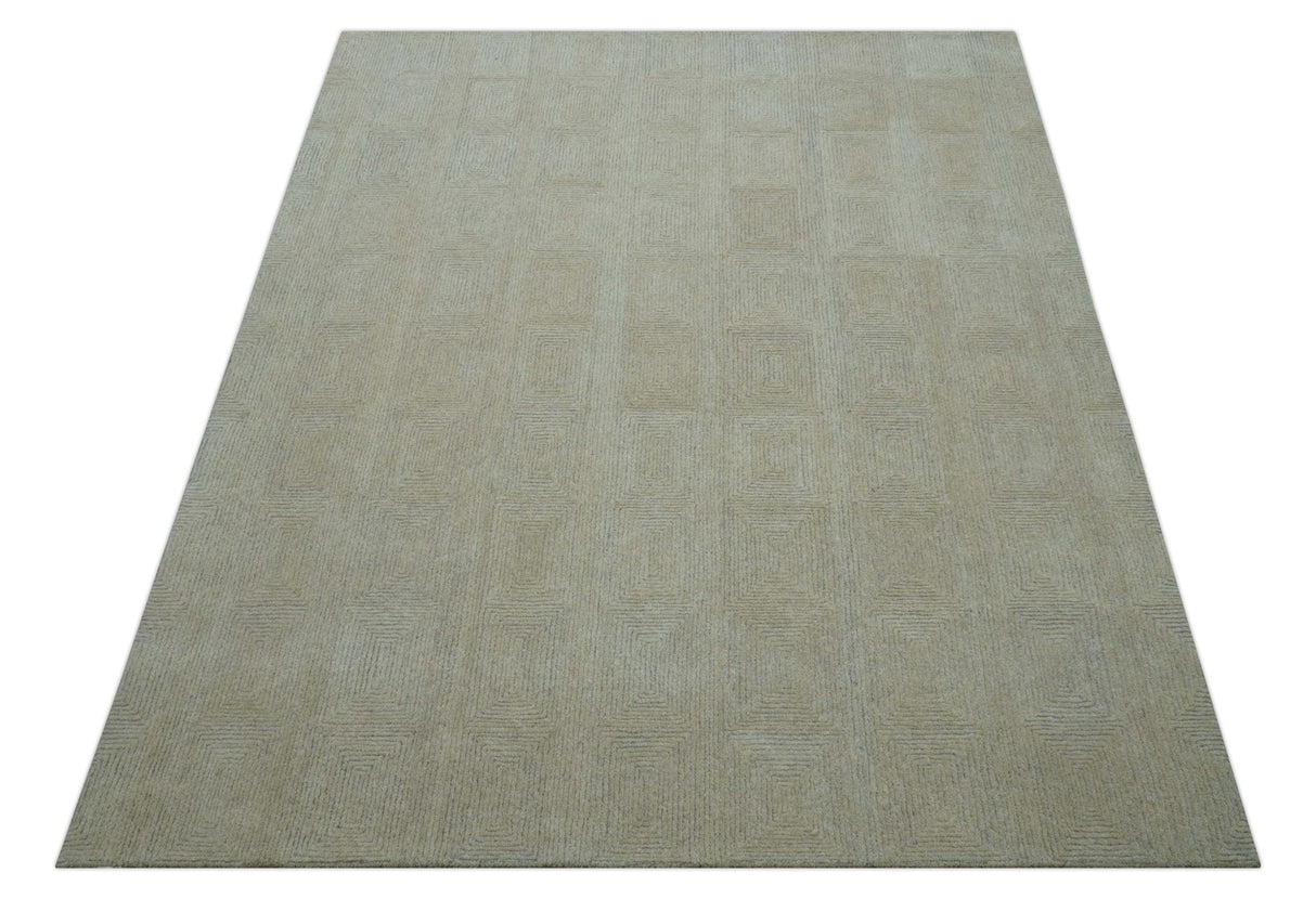 Custom Made Modern Geometrical Beige and Silver Hand Tufted Natural Wool Area Rug