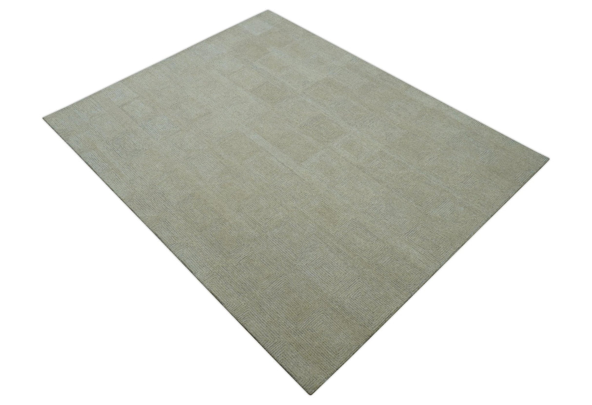 Custom Made Modern Geometrical Beige and Silver Hand Tufted Natural Wool Area Rug