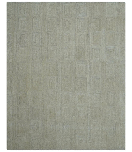Custom Made Modern Geometrical Beige and Silver Hand Tufted Natural Wool Area Rug