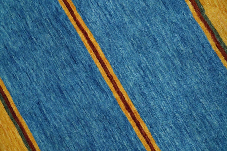 Custom Made Modern Geometrical Blue, Gold, Brown and Green Stripes Design Wool Area Rug