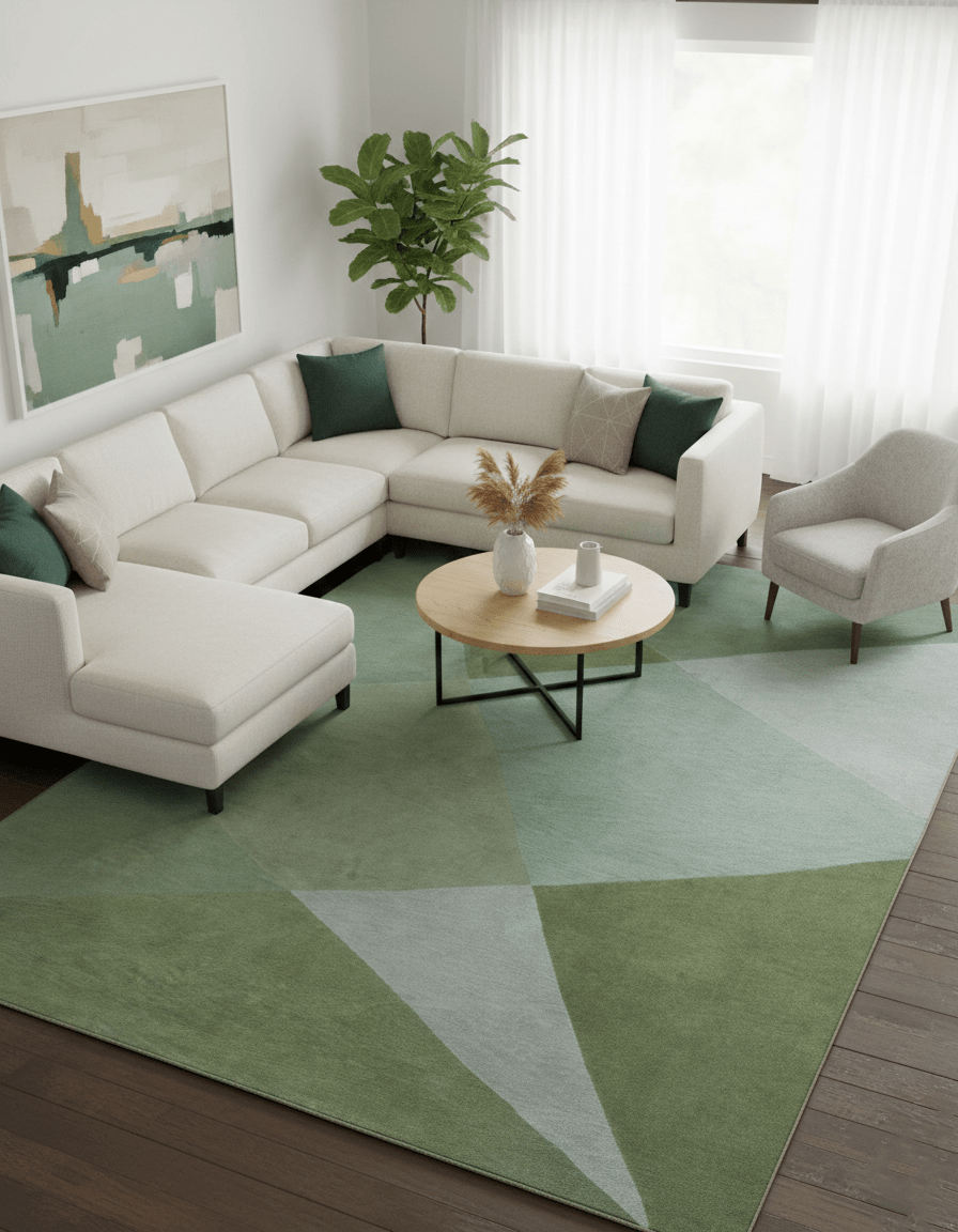 Custom Made Modern Geometrical Design Green And Gray Hand knotted wool Area Rug