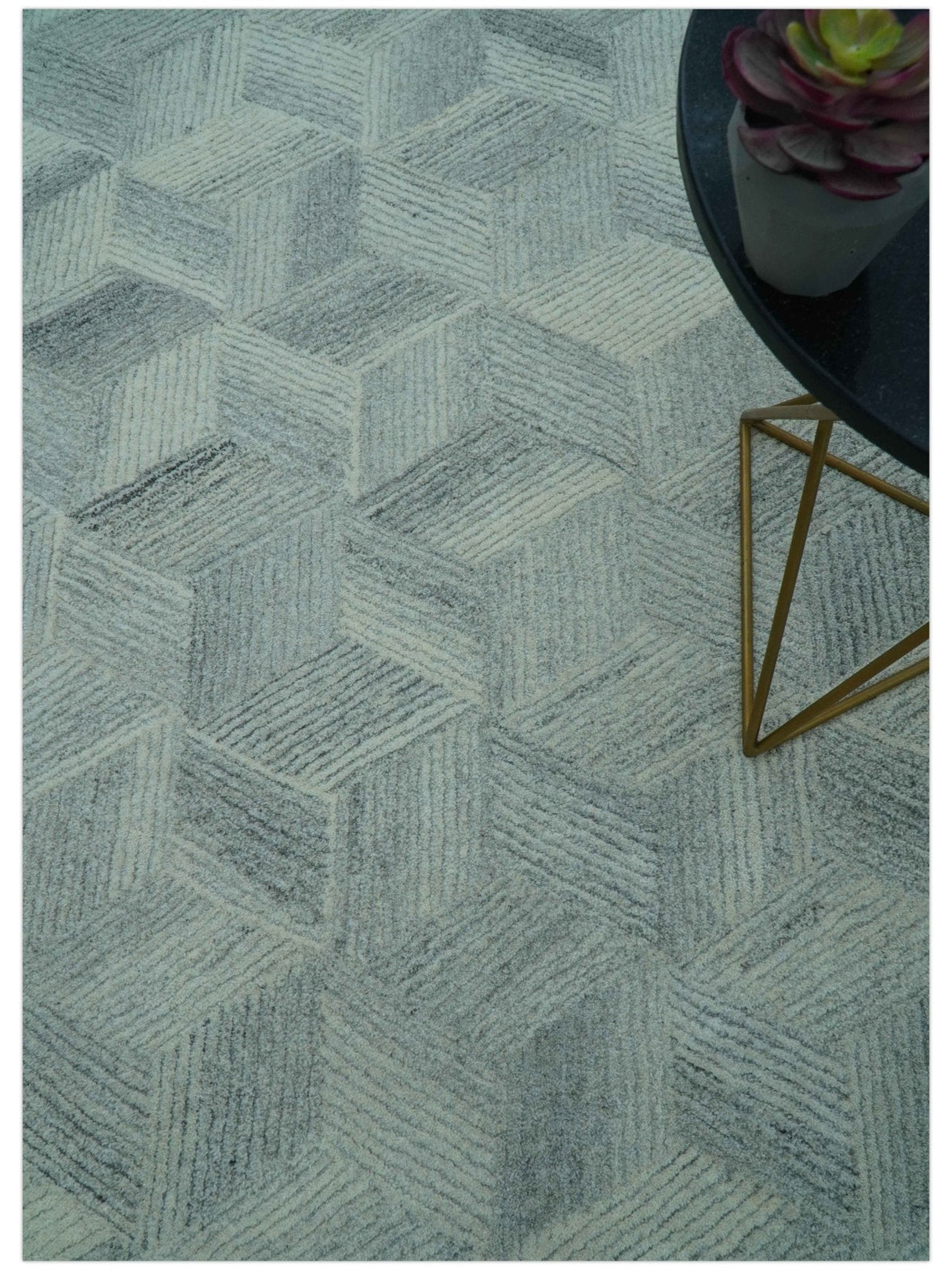 Custom Made Modern Geometrical Gray Hand Tufted Natural Wool Area Rug