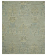 Custom Made Modern Ikat Design Beige And Blue Hand Knotted Wool Area Rug