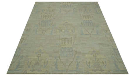 Custom Made Modern Ikat Design Beige And Blue Hand Knotted Wool Area Rug