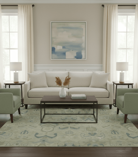 Custom Made Modern Ikat Design Beige And Blue Hand Knotted Wool Area Rug
