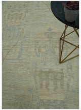 Custom Made Modern Ikat Design Beige And Blue Hand Knotted Wool Area Rug