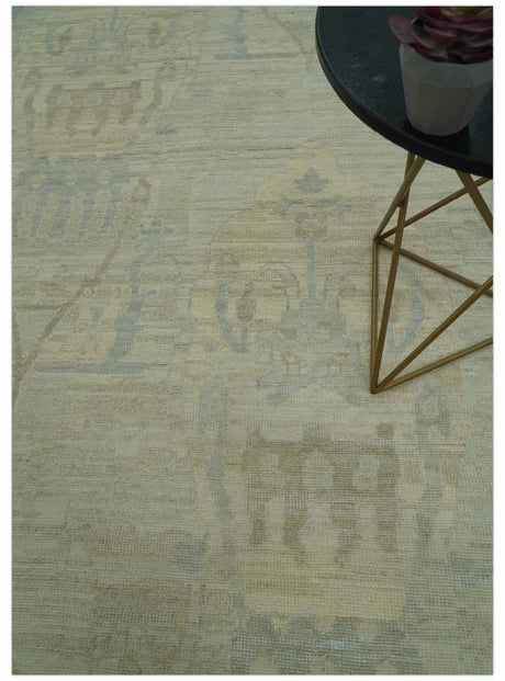 Custom Made Modern Ikat Design Beige And Blue Hand Knotted Wool Area Rug