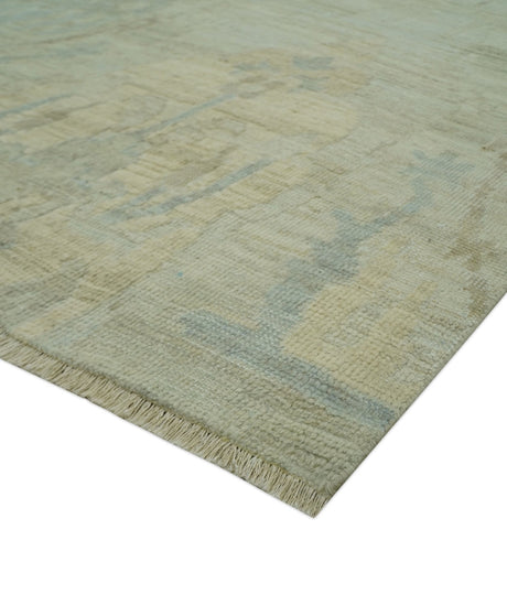 Custom Made Modern Ikat Design Beige And Blue Hand Knotted Wool Area Rug