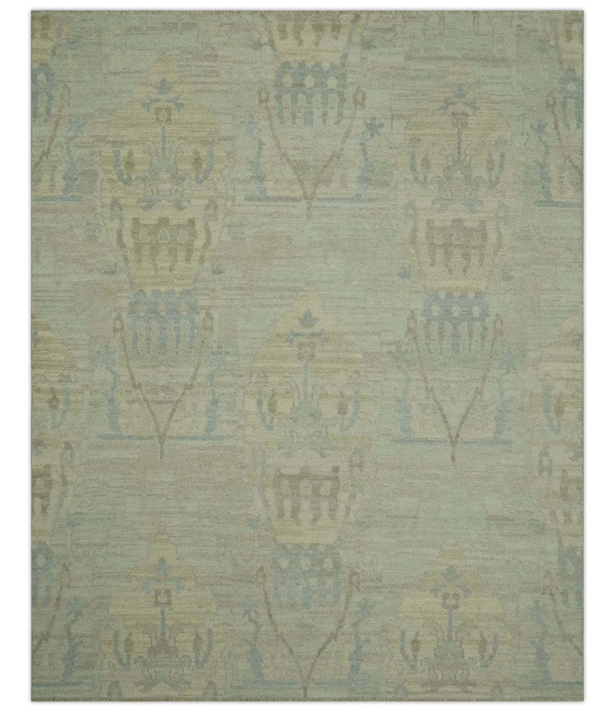 Custom Made Modern Ikat Design Beige And Blue Hand Knotted Wool Area Rug