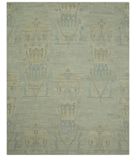Custom Made Modern Ikat Design Beige And Blue Hand Knotted Wool Area Rug