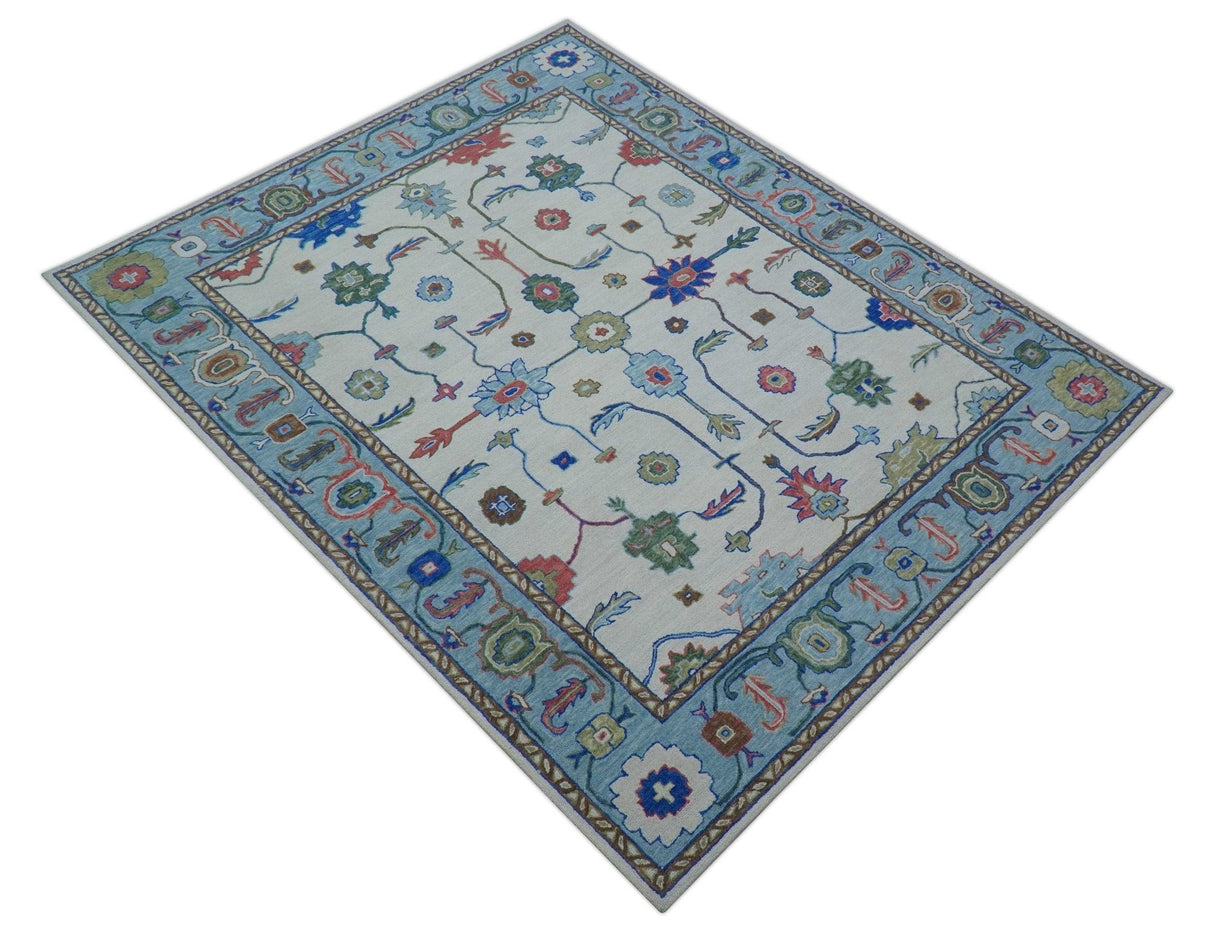 Custom Made Modern Oushak Ivory And Blue Hand Tufted Wool Area Rug