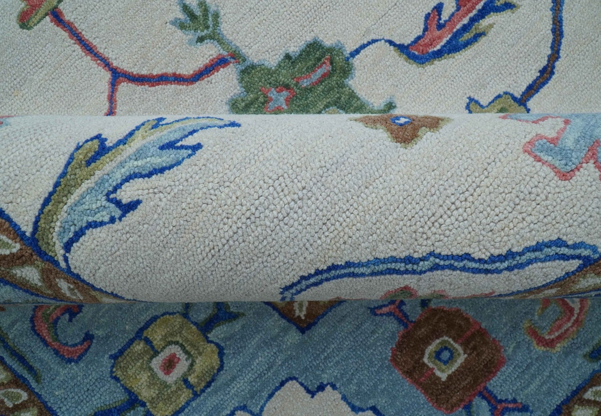 Custom Made Modern Oushak Ivory And Blue Hand Tufted Wool Area Rug