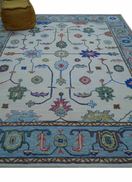 Custom Made Modern Oushak Ivory And Blue Hand Tufted Wool Area Rug