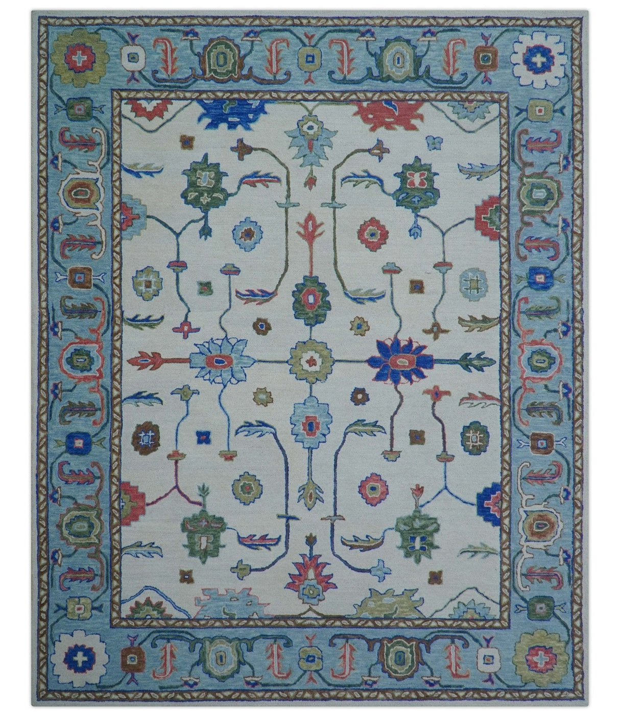 Custom Made Modern Oushak Ivory And Blue Hand Tufted Wool Area Rug