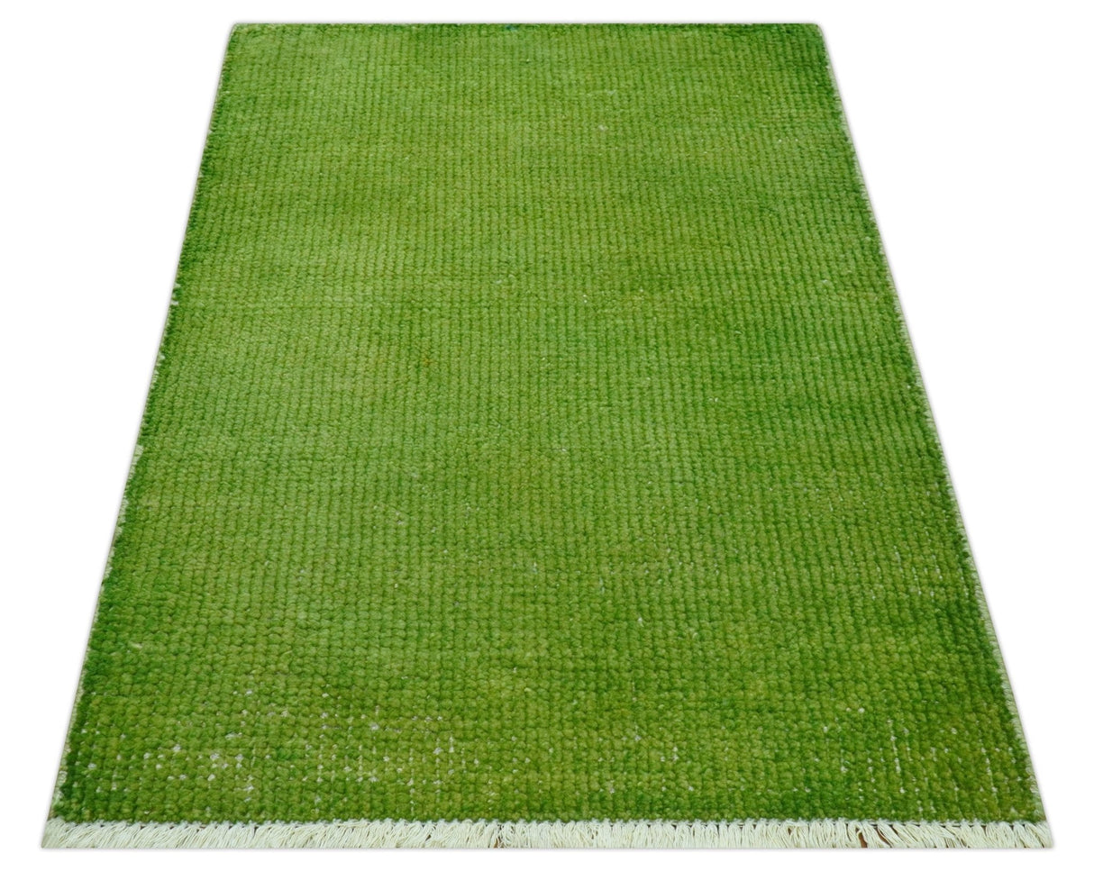Custom Made Modern Solid Overdyed Green Hand Knotted Wool Area Rug