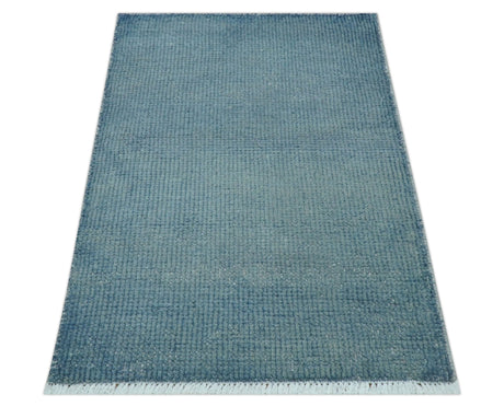 Custom Made Modern Solid Overdyed Light Blue Hand Knotted Wool Area Rug