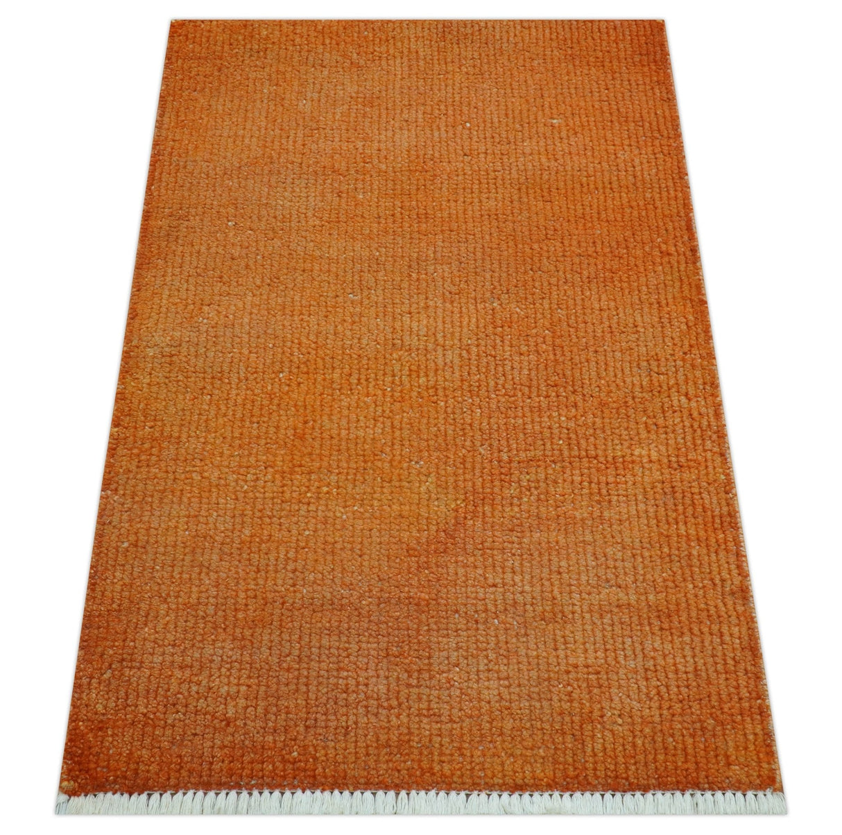 Custom Made Modern Solid Overdyed Orange Hand Knotted Wool Area Rug