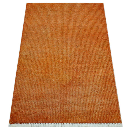 Custom Made Modern Solid Overdyed Orange Hand Knotted Wool Area Rug
