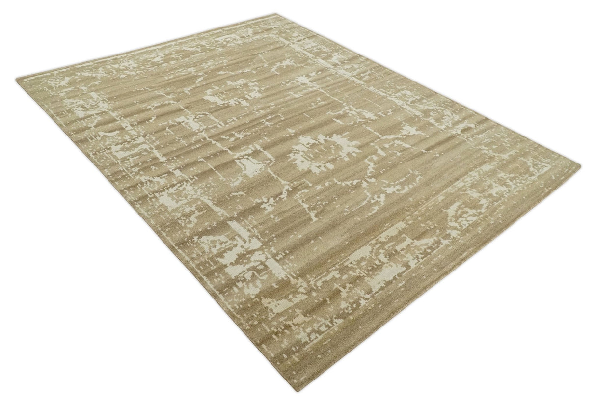 Custom Made Neutral Earthy Brown and Beige Chic Hand Knotted Natural Wool Minimal Area rug-Area Rug-Parc Decor