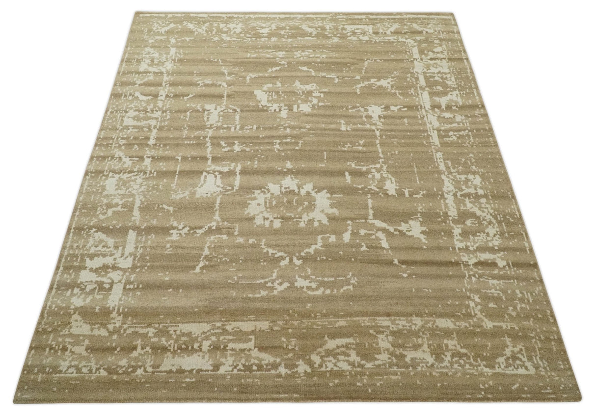 Custom Made Neutral Earthy Brown and Beige Chic Hand Knotted Natural Wool Minimal Area rug-Area Rug-Parc Decor