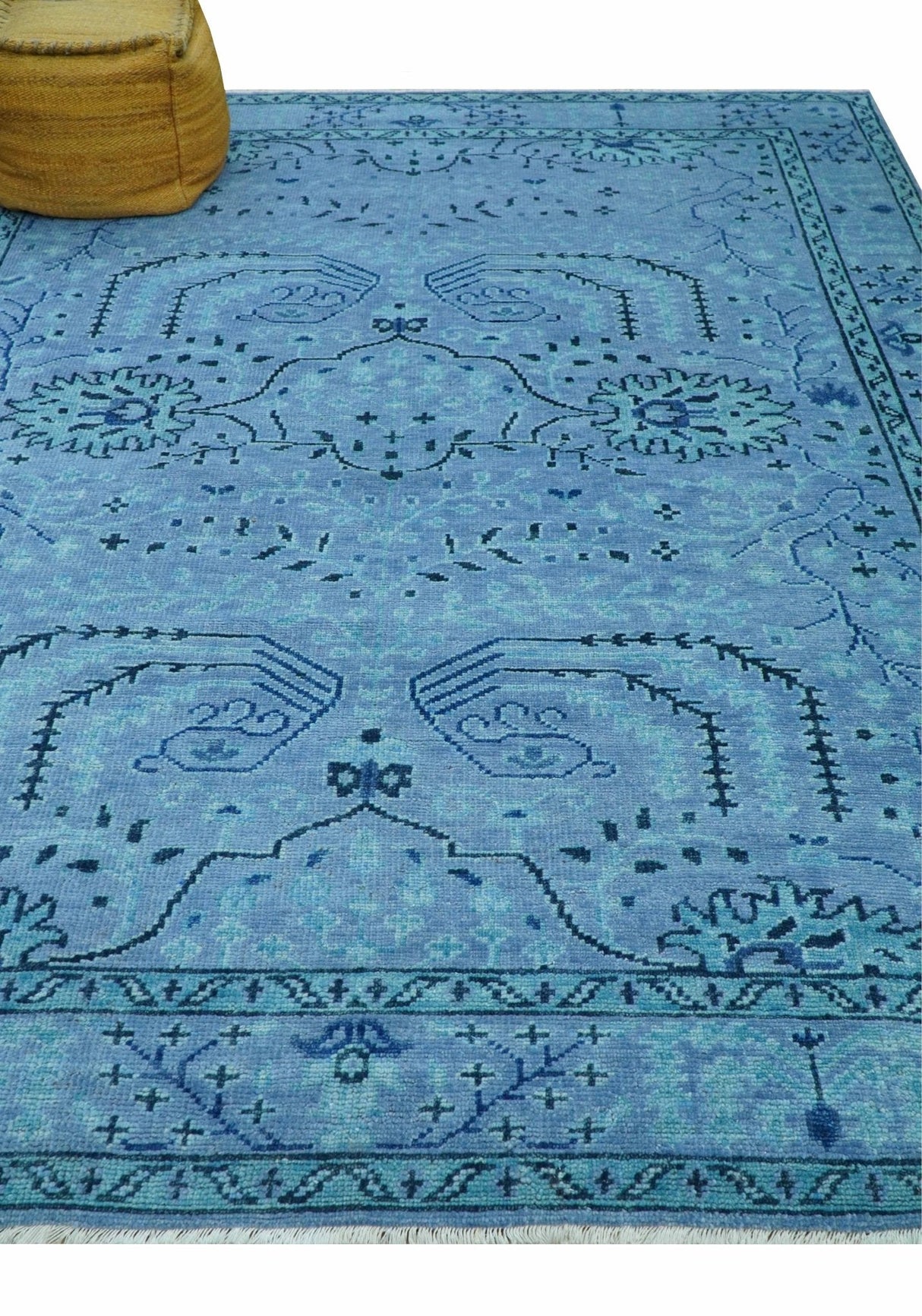 Custom Made Oriental Design Blue Hand Knotted Wool Rug