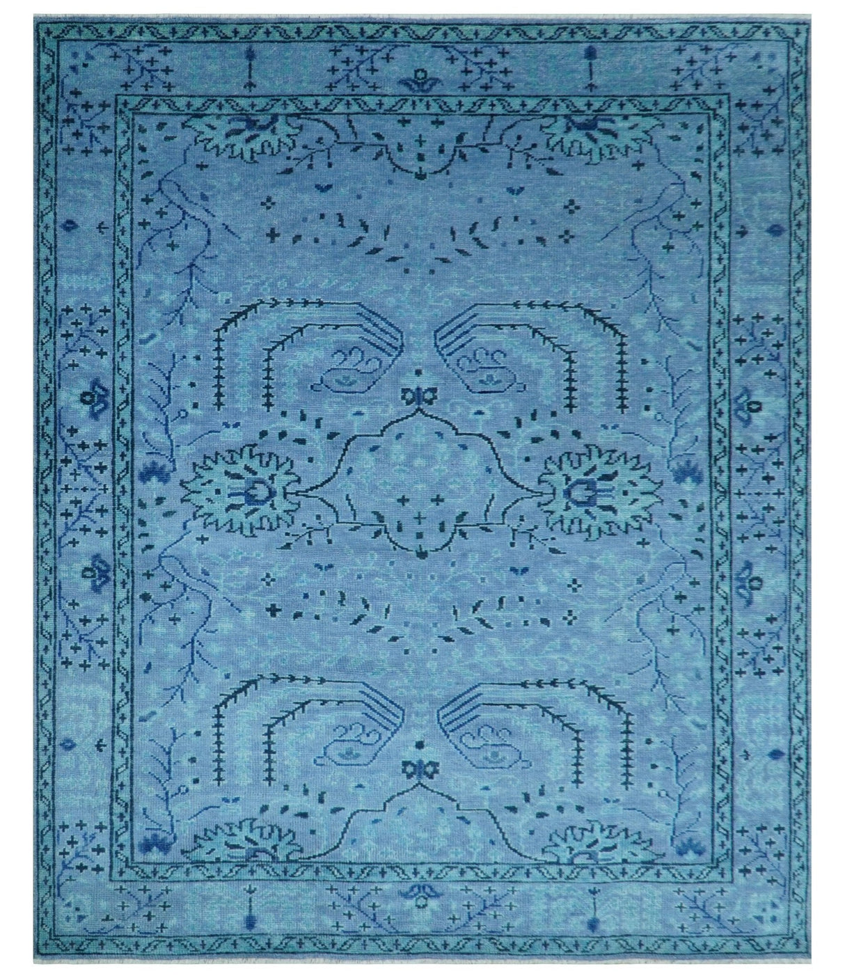 Custom Made Oriental Design Blue Hand Knotted Wool Rug