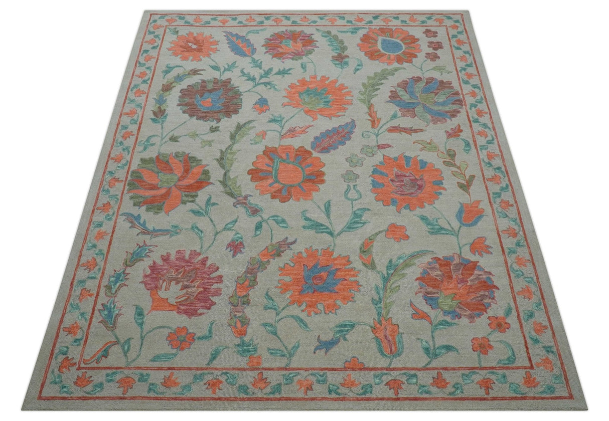 Custom Made Oriental Uzbek Design Floral Beige Hand Tufted Wool Area Rug