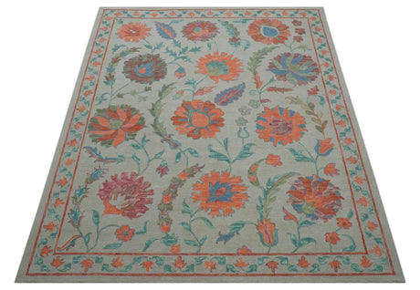 Custom Made Oriental Uzbek Design Floral Beige Hand Tufted Wool Area Rug