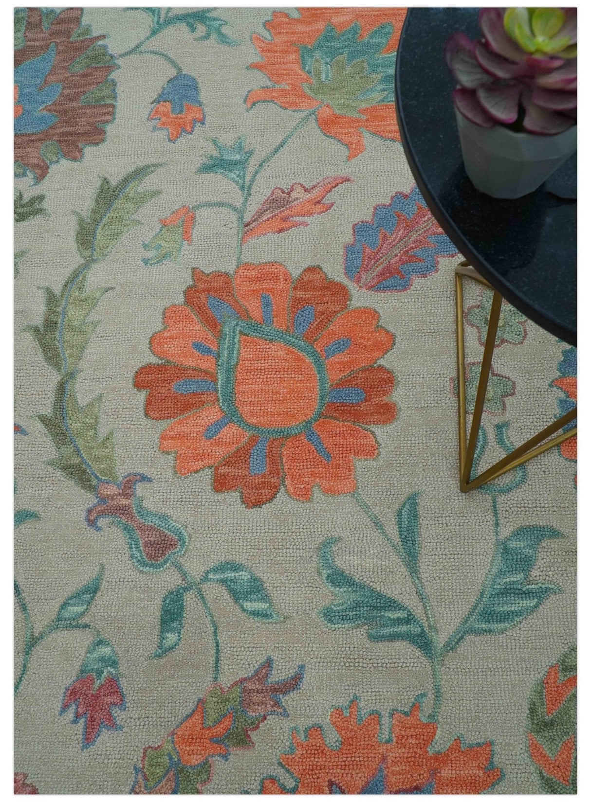 Custom Made Oriental Uzbek Design Floral Beige Hand Tufted Wool Area Rug