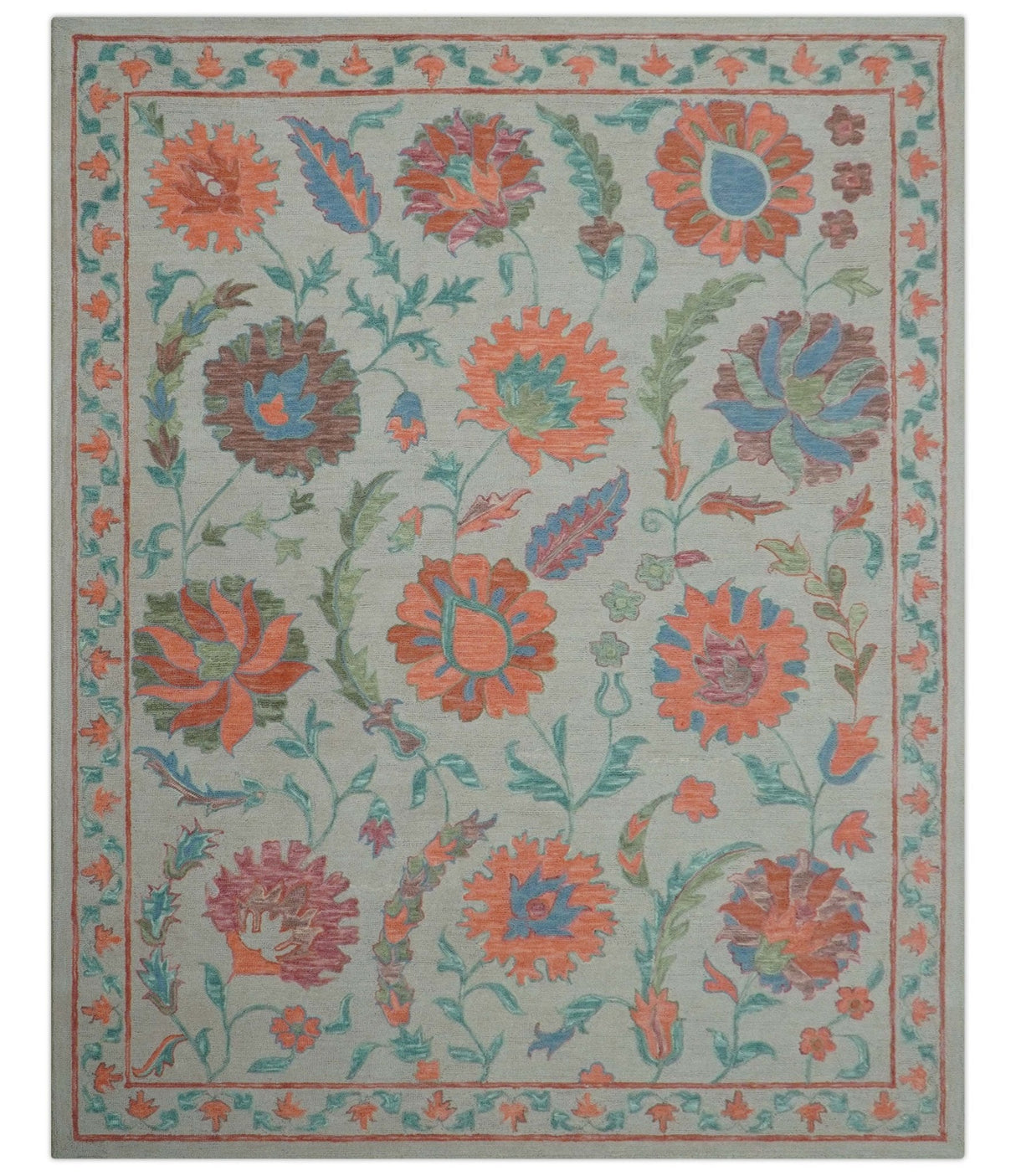 Custom Made Oriental Uzbek Design Floral Beige Hand Tufted Wool Area Rug