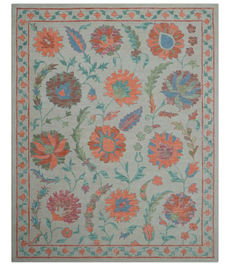 Custom Made Oriental Uzbek Design Floral Beige Hand Tufted Wool Area Rug