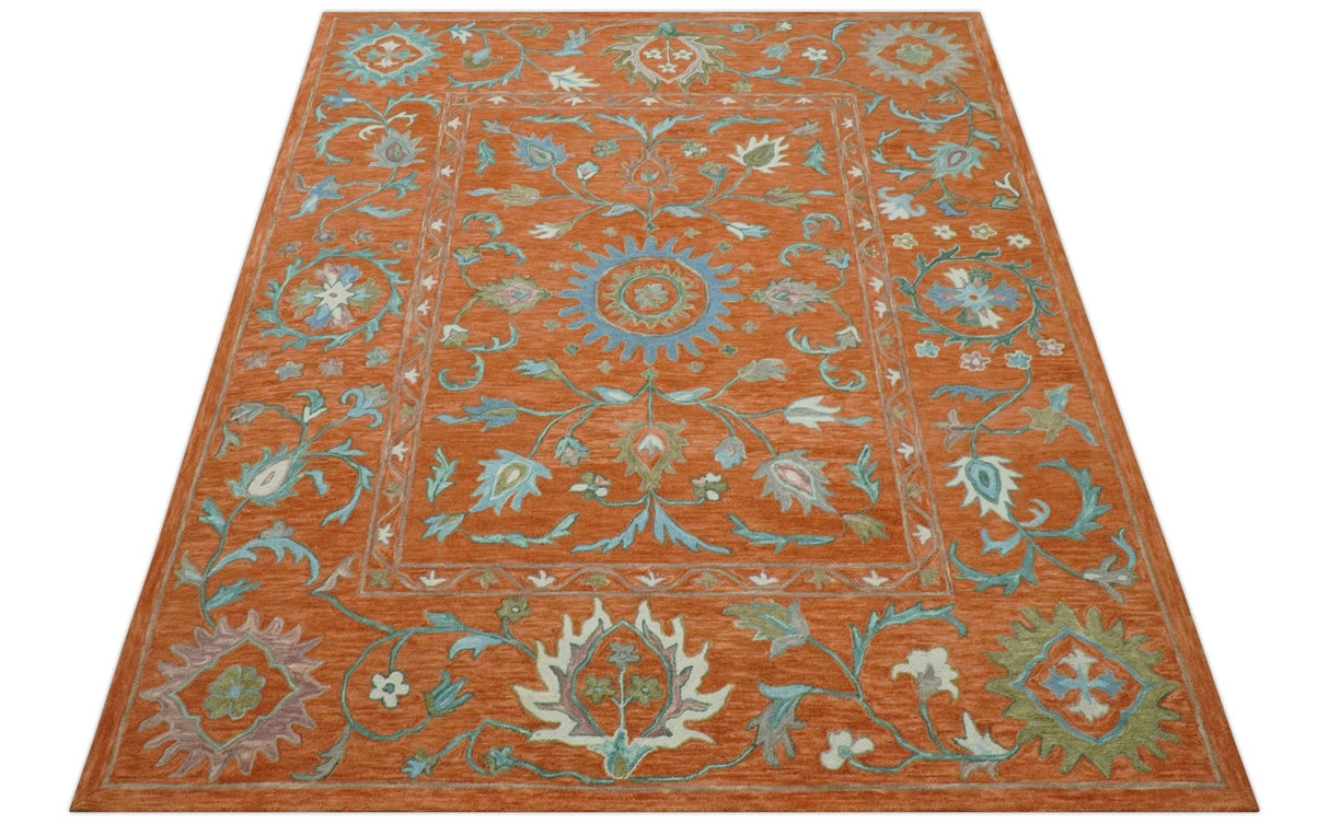 Custom Made Oriental Uzbek Design Floral Rust Hand Tufted Wool Area Rug