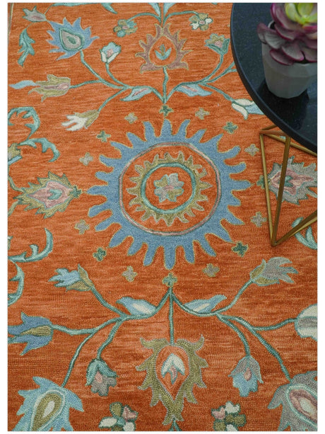 Custom Made Oriental Uzbek Design Floral Rust Hand Tufted Wool Area Rug