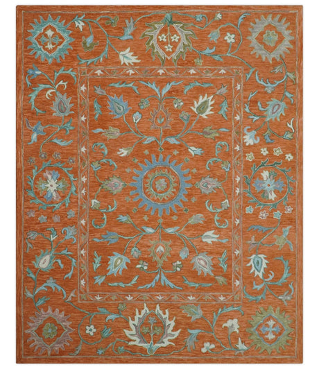 Custom Made Oriental Uzbek Design Floral Rust Hand Tufted Wool Area Rug