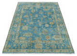 Custom Made Oushak Hand Knotted Blue and Beige Traditional Wool Rug