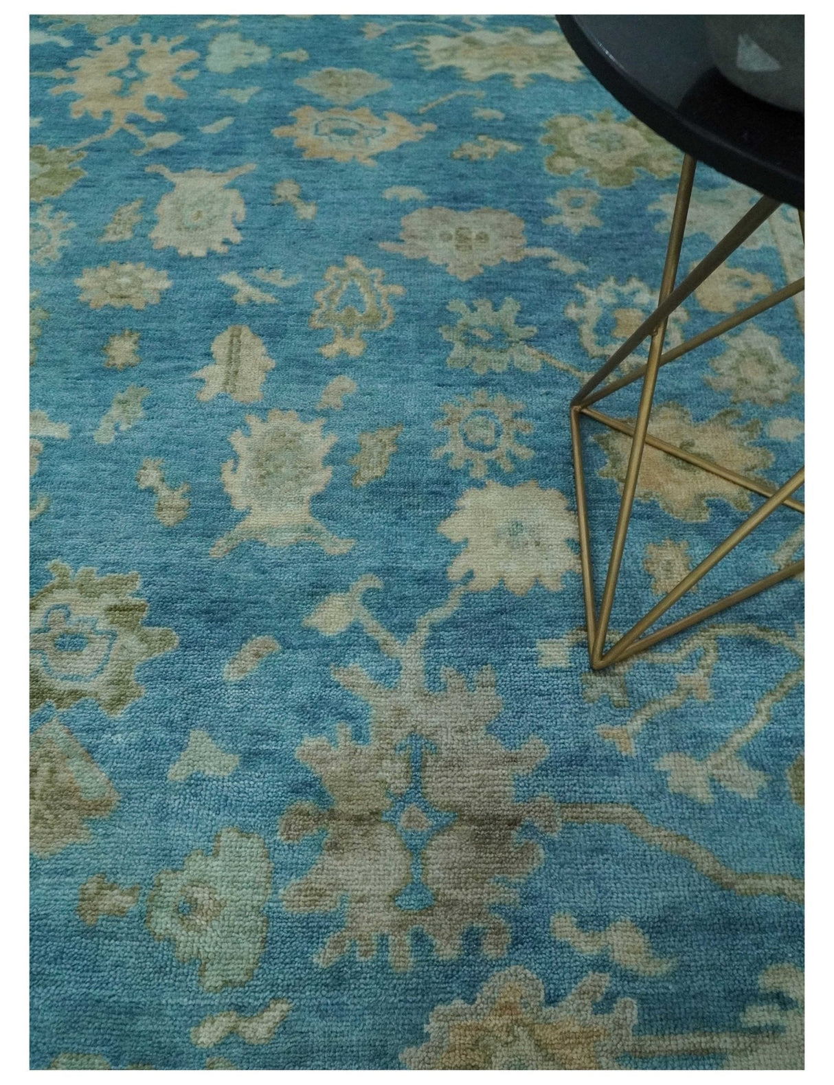 Custom Made Oushak Hand Knotted Blue and Beige Traditional Wool Rug